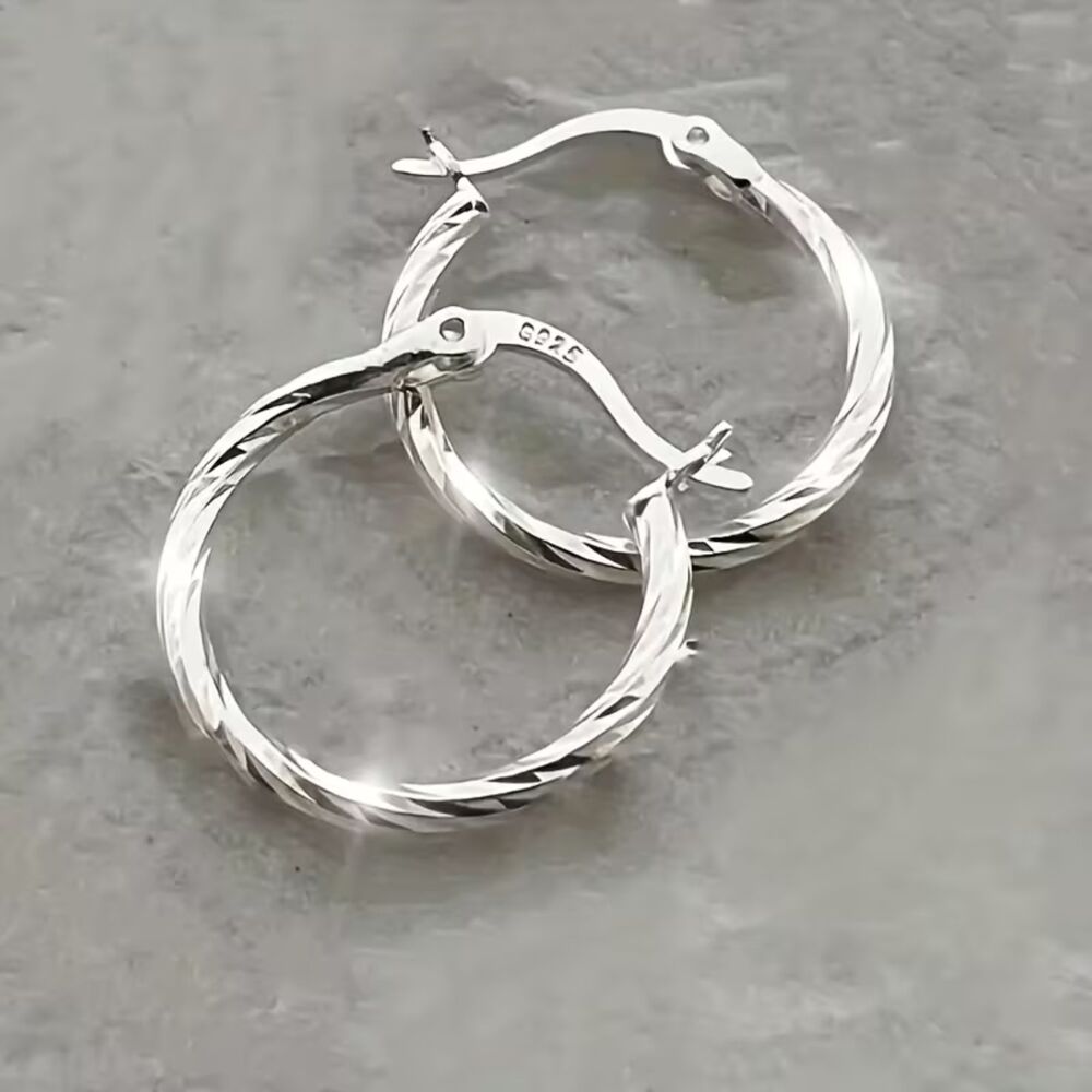 Silver Twist Hoop Earrings Classic 0.5" Round Dangle Swirl Rope Secure Back